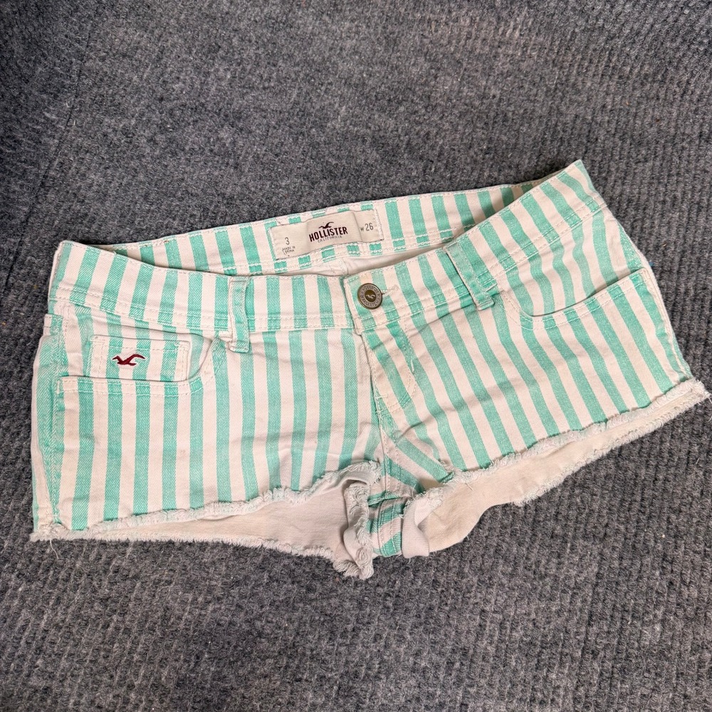 Hollister Micro Mini Striped Denim Shorts Womens 3/26 Mint Green Y2K Grunge Prep